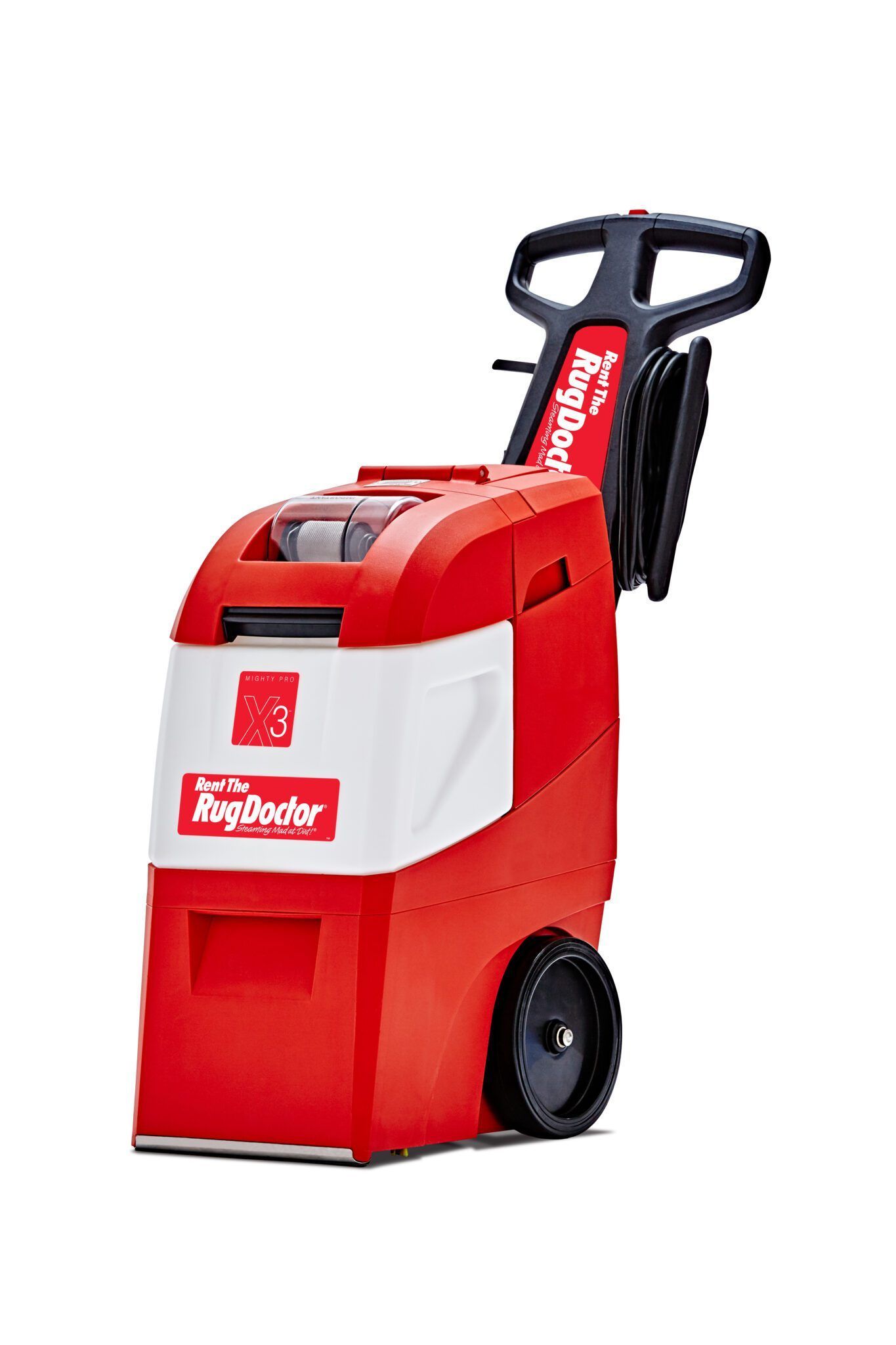 A red and white carpet cleaner with wheels on a white background.