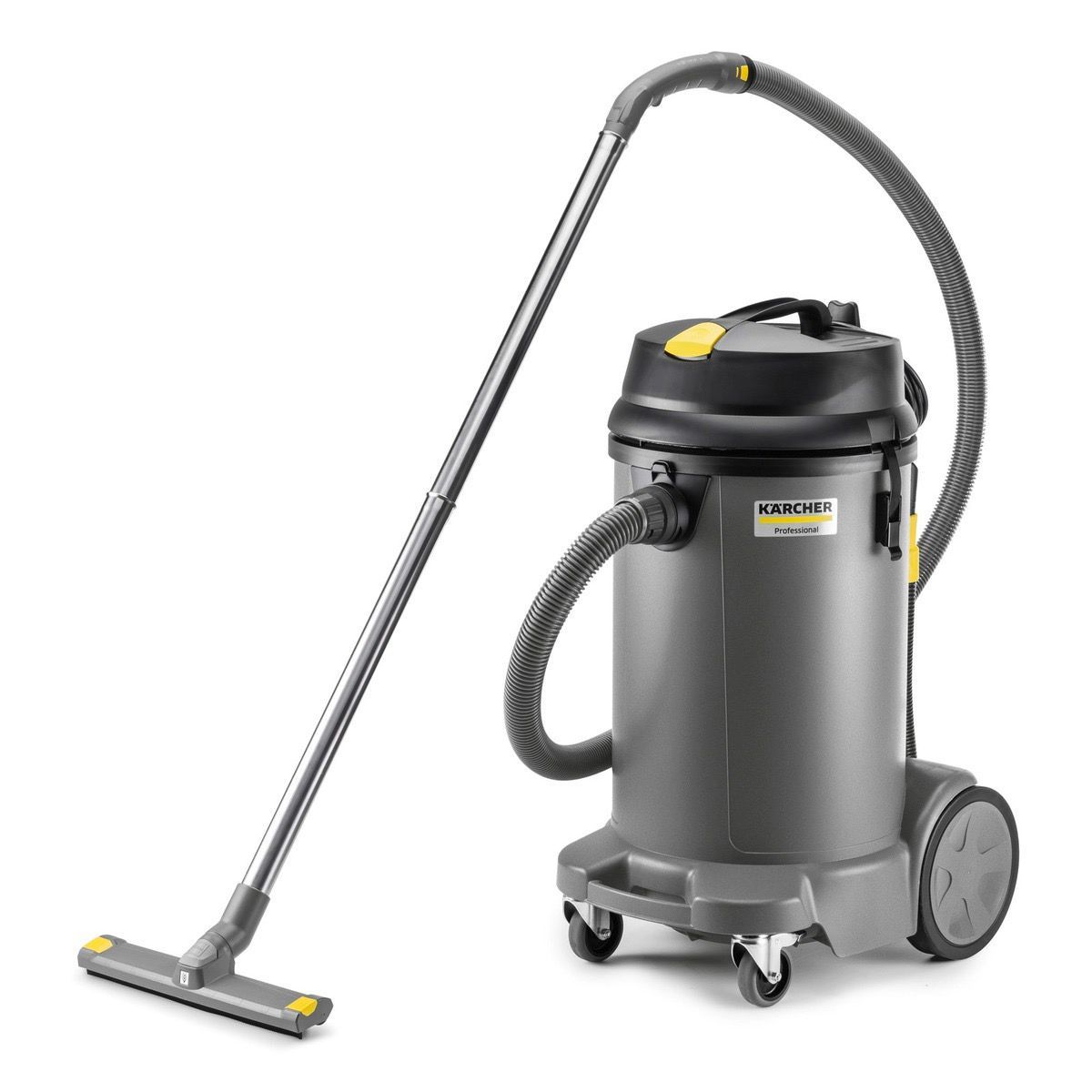 A vacuum cleaner with wheels and a long handle on a white background.