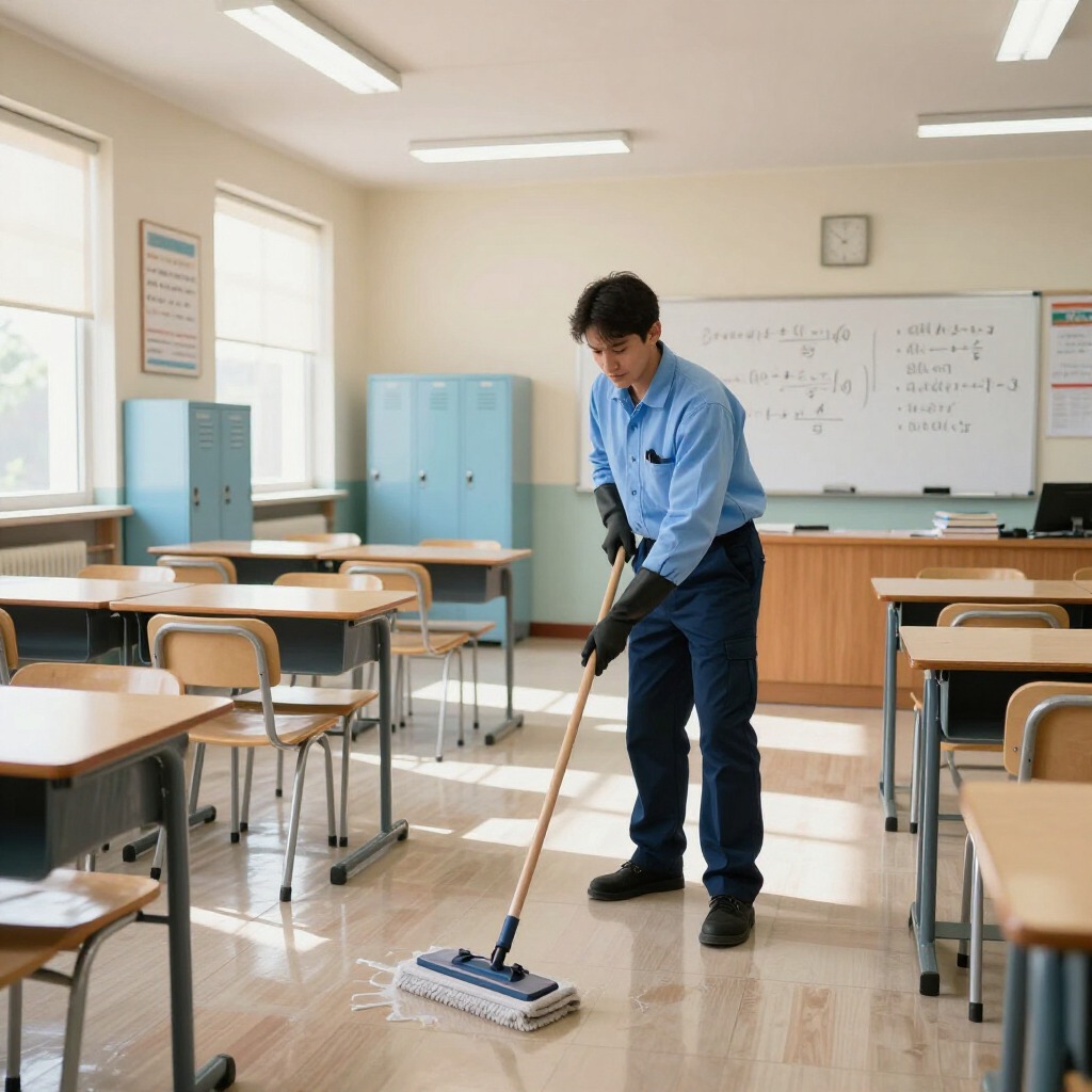 A person in a blue shirt and dark pants mops a clean, empty classroom floor between rows of wooden desks.