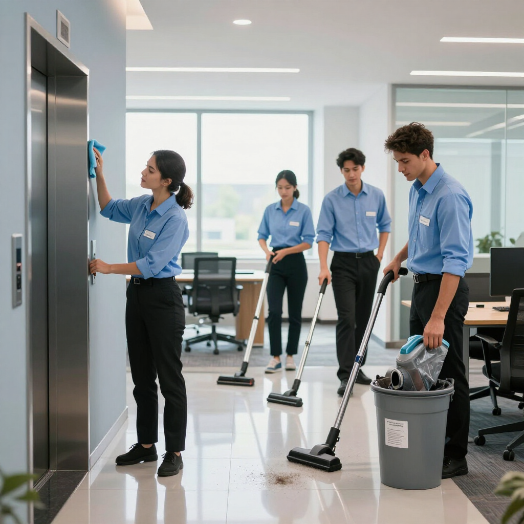 A professional cleaning crew in light blue shirts and black trousers cleans an office hallway with vacuums and cloths.