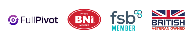 Logo banner showing FSB logo, BNI logo, Full Pivot logo and British Veteran Owned Logo