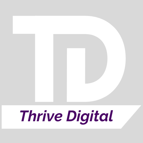 the logo for thrive digital is white and purple .