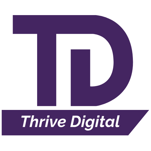 the logo for thrive digital is purple and white .