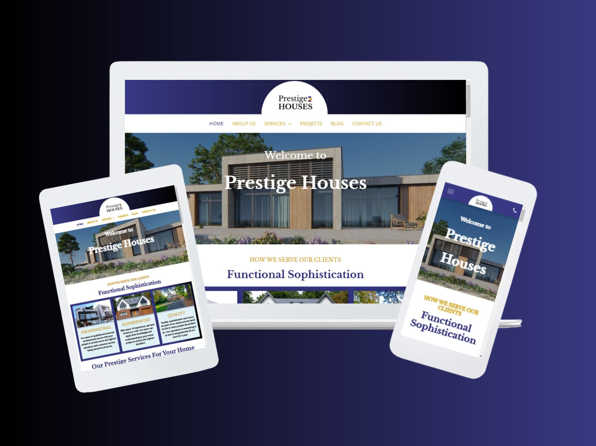 Prestige Houses Web design project with screenshots on laptop, tablet and mobile