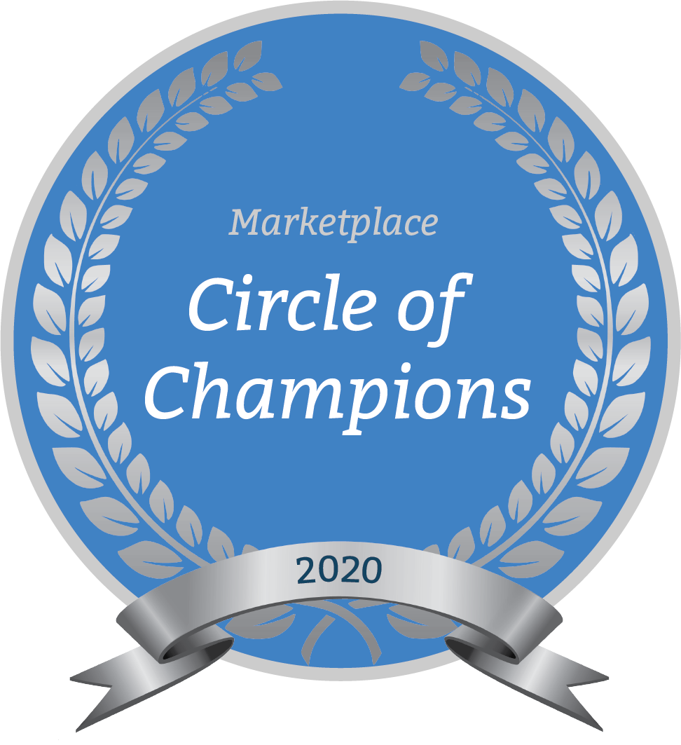 A blue circle with a silver ribbon that says marketplace circle of champions