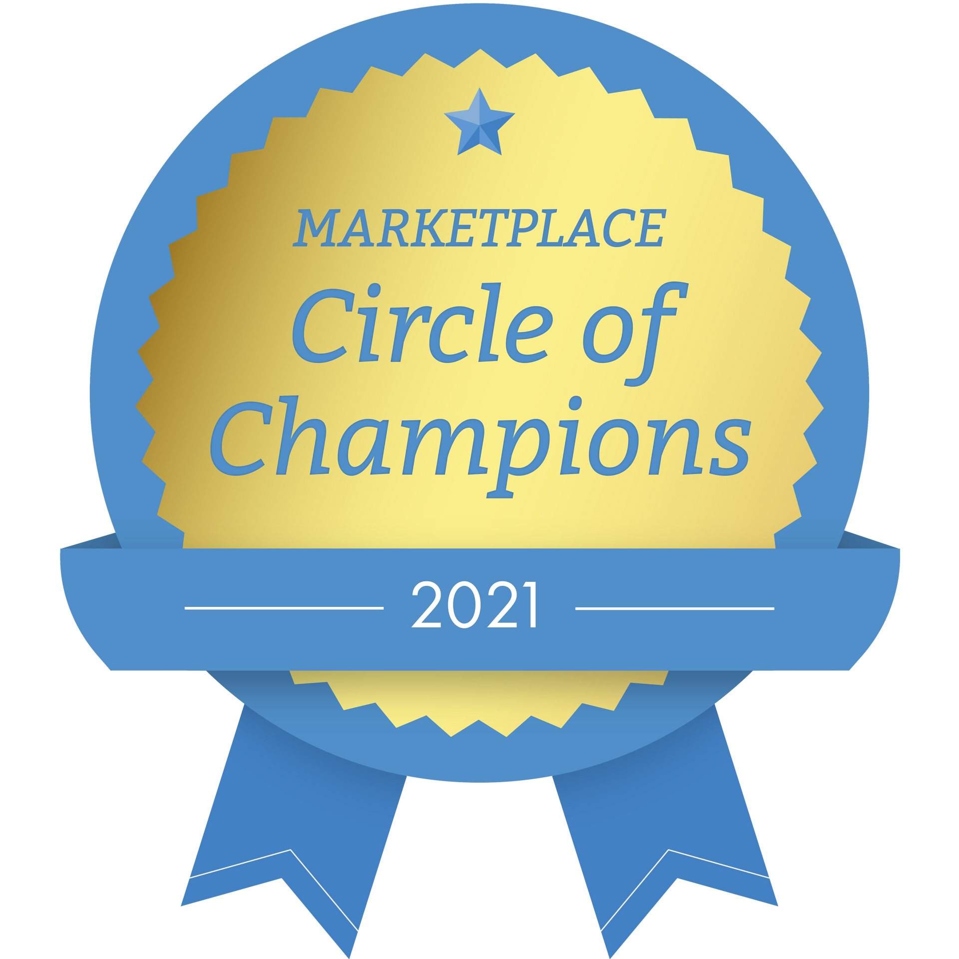 A blue and gold badge that says marketplace circle of champions 2021