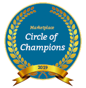 A blue circle with a gold laurel wreath and a gold ribbon that says circle of champions.