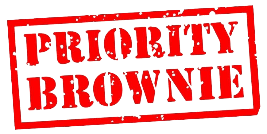 A red priority brownie stamp on a white background