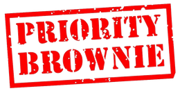 A red priority brownie stamp on a white background