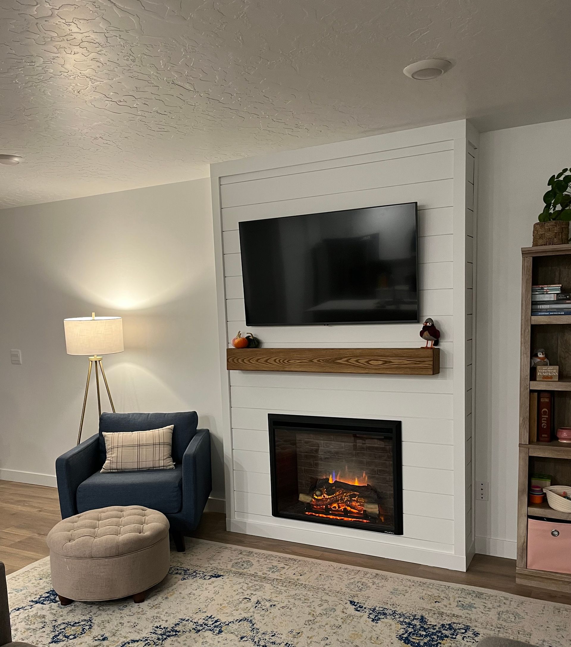 Electric Shiplap Fireplace Completed in a Cozy Living Room