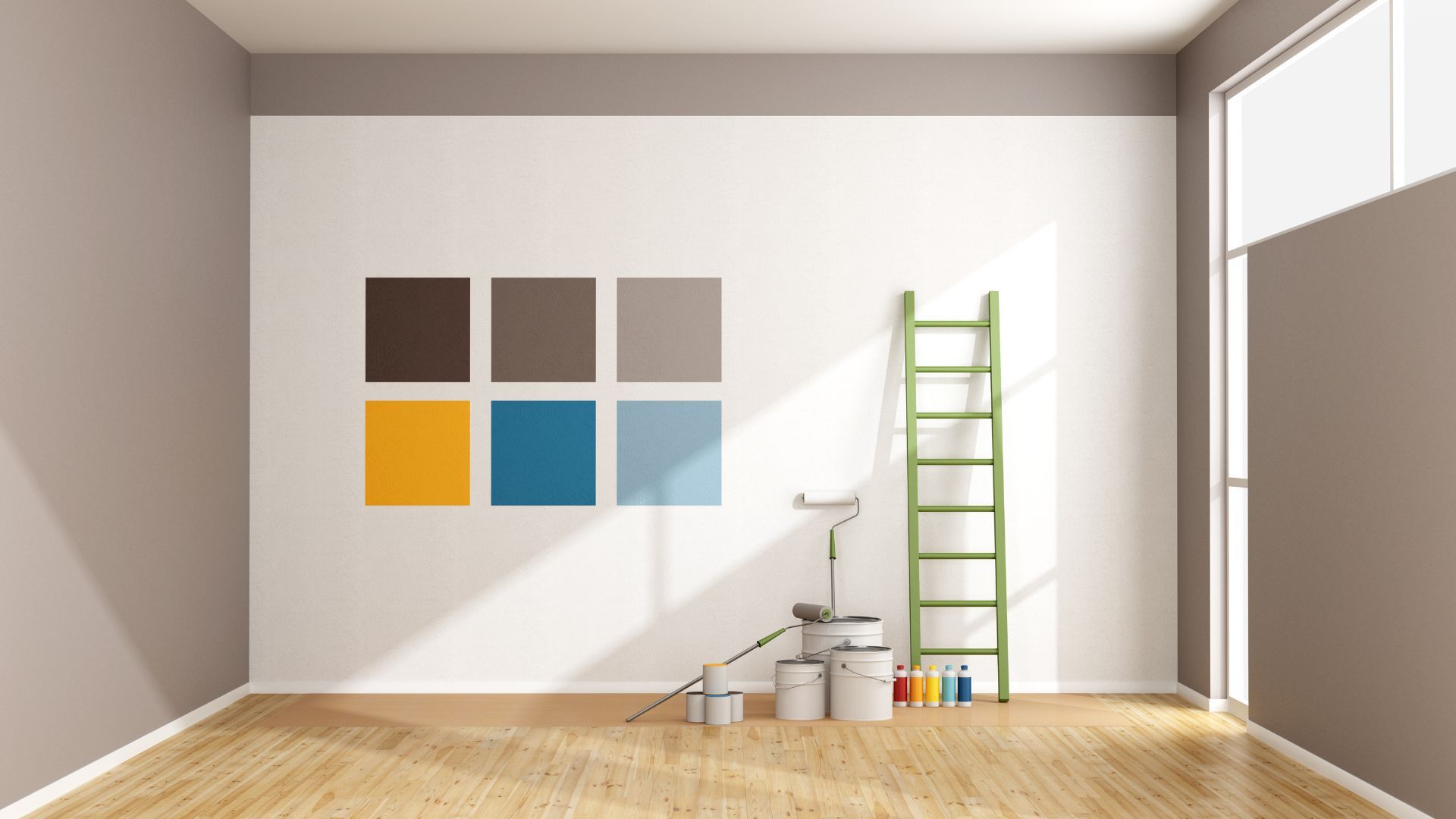 An empty room with a ladder and paint cans on the floor