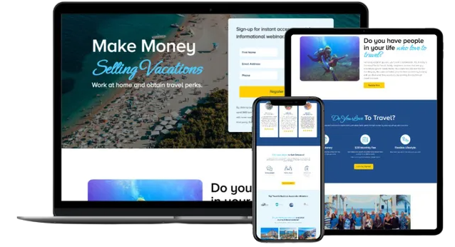 A laptop , tablet , and cell phone displaying a landing page for make money selling vacations.