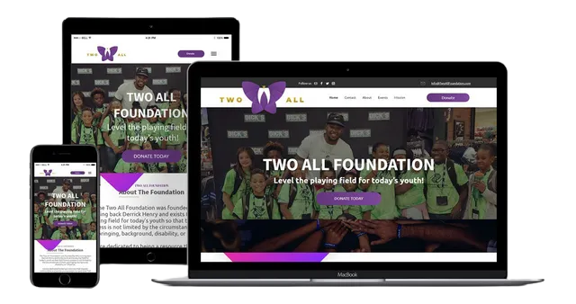 A laptop , tablet , and cell phone are displaying a website for the two all foundation.