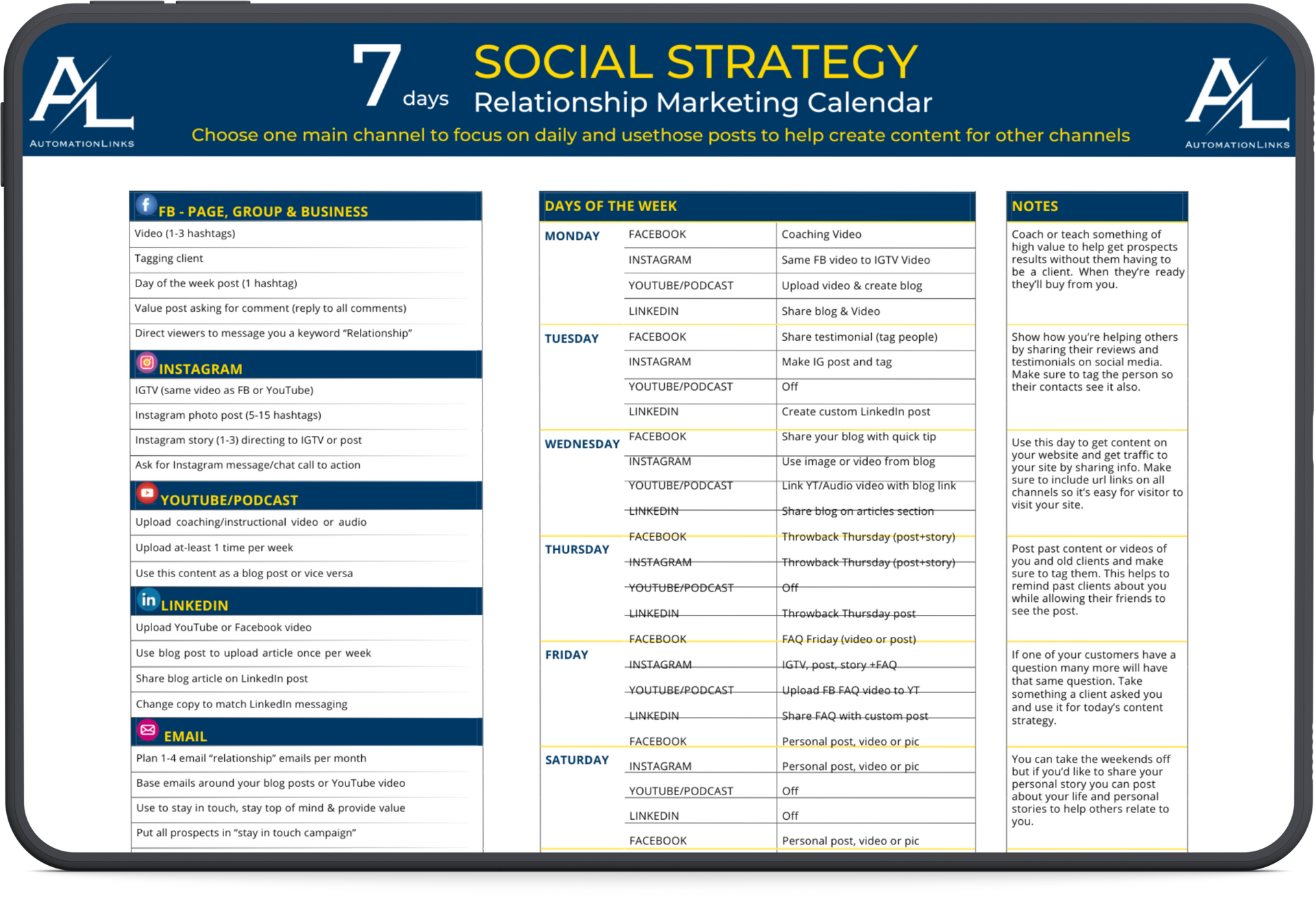 A social strategy 7 day relationship marketing calendar