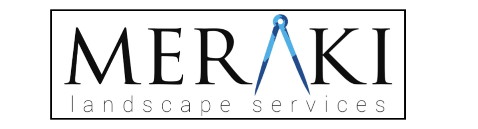 Logo for Meraki Landscape Services, featuring the brand name in black with a blue drafting compass replacing the letter A.