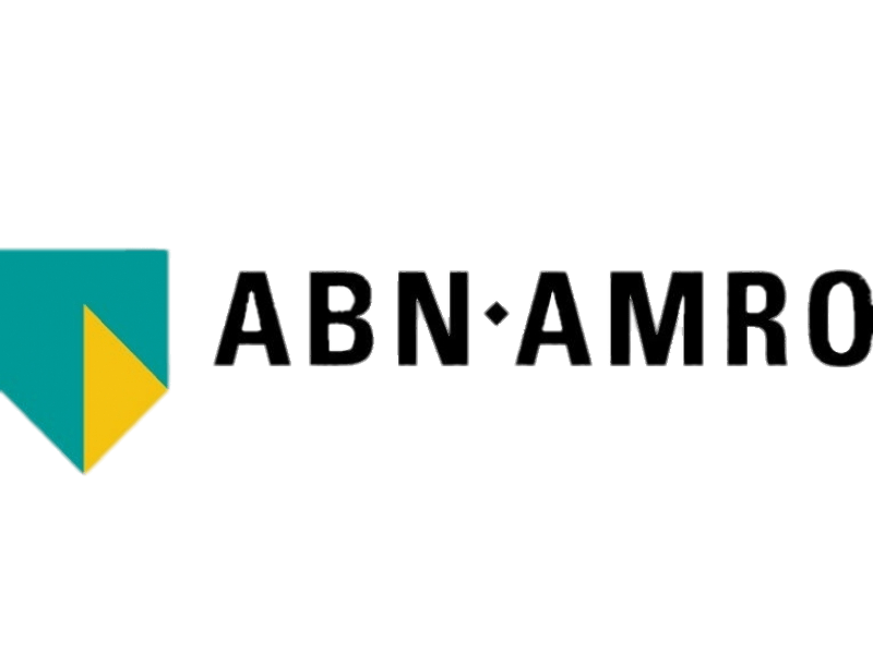 ABN AMRO-logo: geometrische vorm in blauwgroen en geel met de tekst "ABN AMRO" in het zwart.