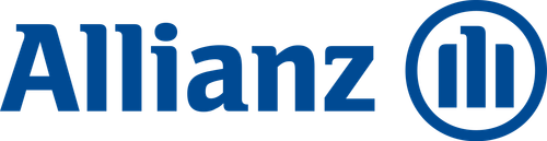 Het logo van Allianz: blauwe tekst "Allianz" gevolgd door een blauwe cirkel met drie verticale lijnen.