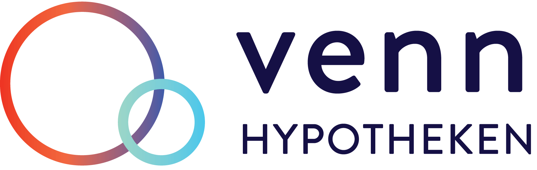 Logo van Venn Hypotheken: overlappende cirkels, verlopende kleuren, donkerblauwe tekst.