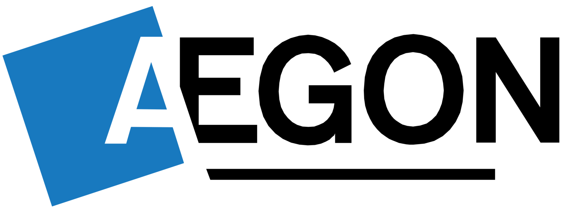 AEGON-logo: blauw gekanteld vierkant met de witte letter 'A' en het zwarte woord AEGON met een onderstreping.