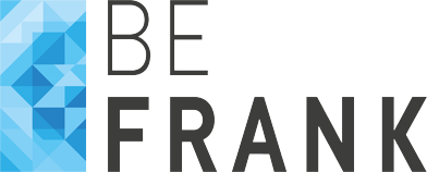 Logo voor Be Frank, met blauwe geometrische vormen en de woorden "BE FRANK" in een donkergrijs lettertype.