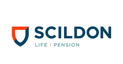 Schildlogo met de tekst "SCILDON" en daaronder "LIFE | PENSION". Oranje en blauw.