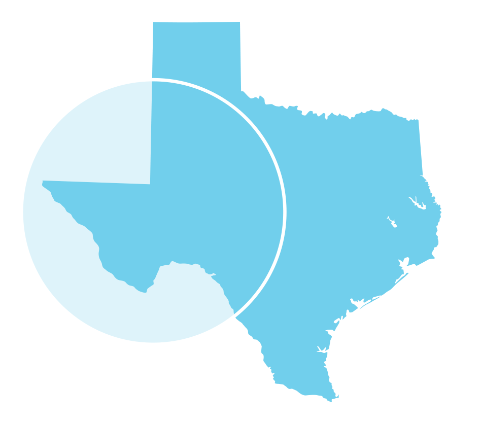 Map of Texas highlighting the western region with a light blue circle.