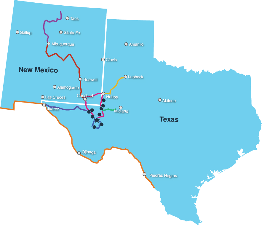Map of Texas highlighting the western region with a light blue circle.