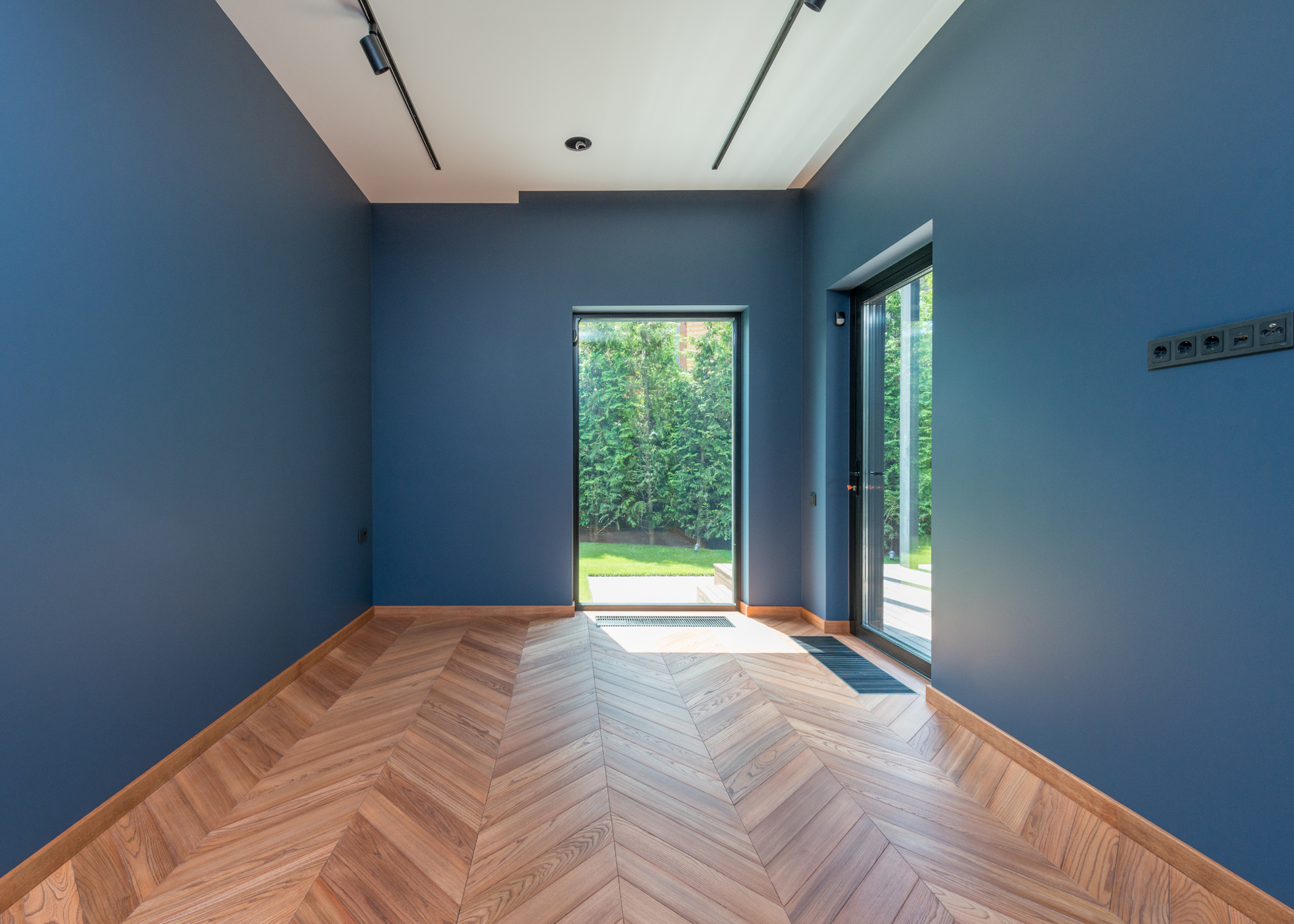 Blue-walled room with herringbone wood floor, open doorway to a green yard, and track lighting.