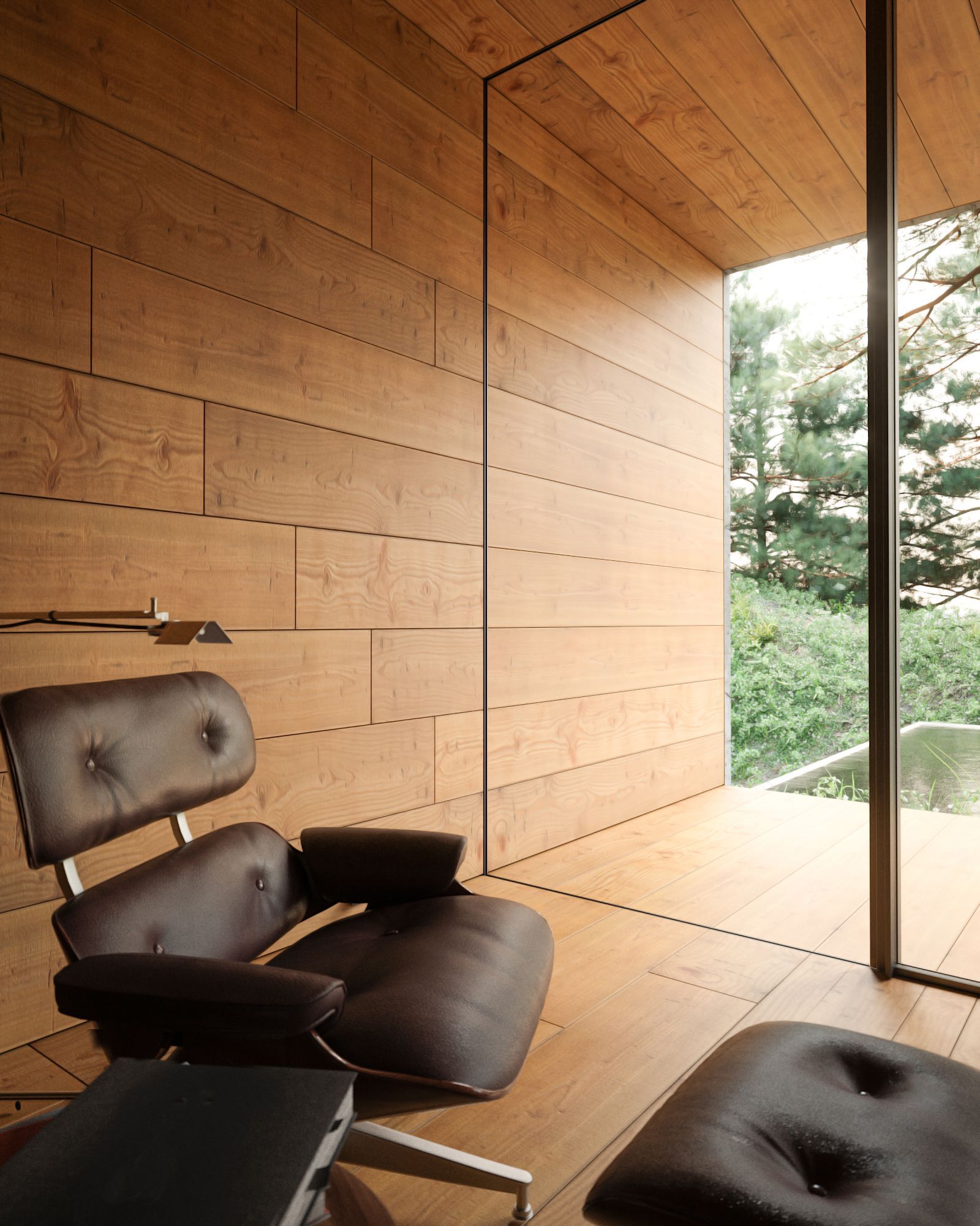 Cadeira e mesa com design moderno colocadas à frente de uma janela com caixilharia minimalista que permite uma vista deslumbrante para o exterior