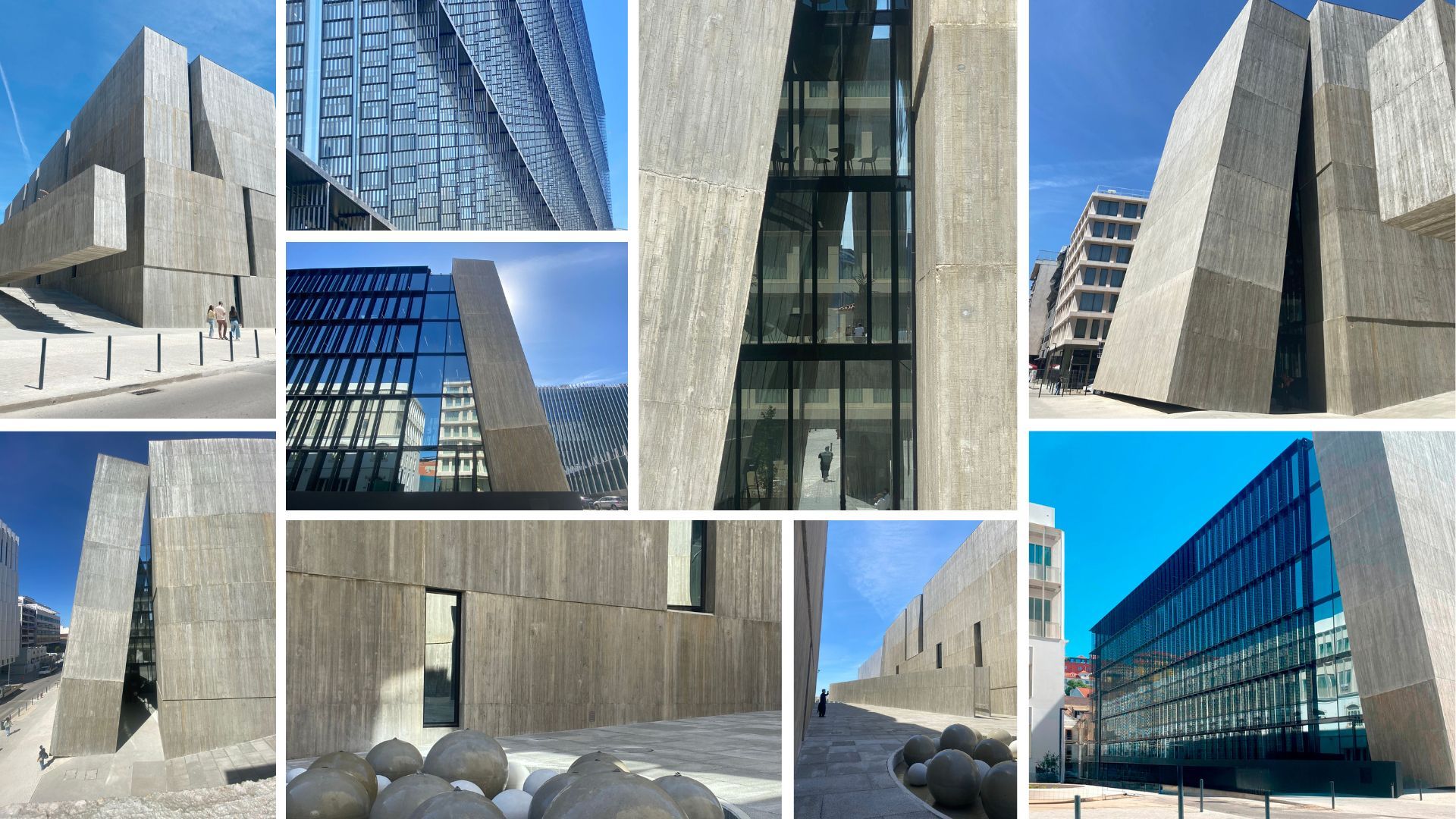 This collage showcases the striking contemporary architecture of a building designed with large, angular concrete slabs and expansive glass facades. The images highlight various perspectives and details of the structure, featuring the building's sharp geometric lines, textured concrete surfaces, and reflective glass panels. The design creates a sense of boldness and modernity, standing out against the urban landscape. Elements such as the slanted walls, narrow windows, and smooth concrete finish emphasize the building's unique and innovative architectural style. Frame windows by OTIIMA. Architecture by ELEMENTAL