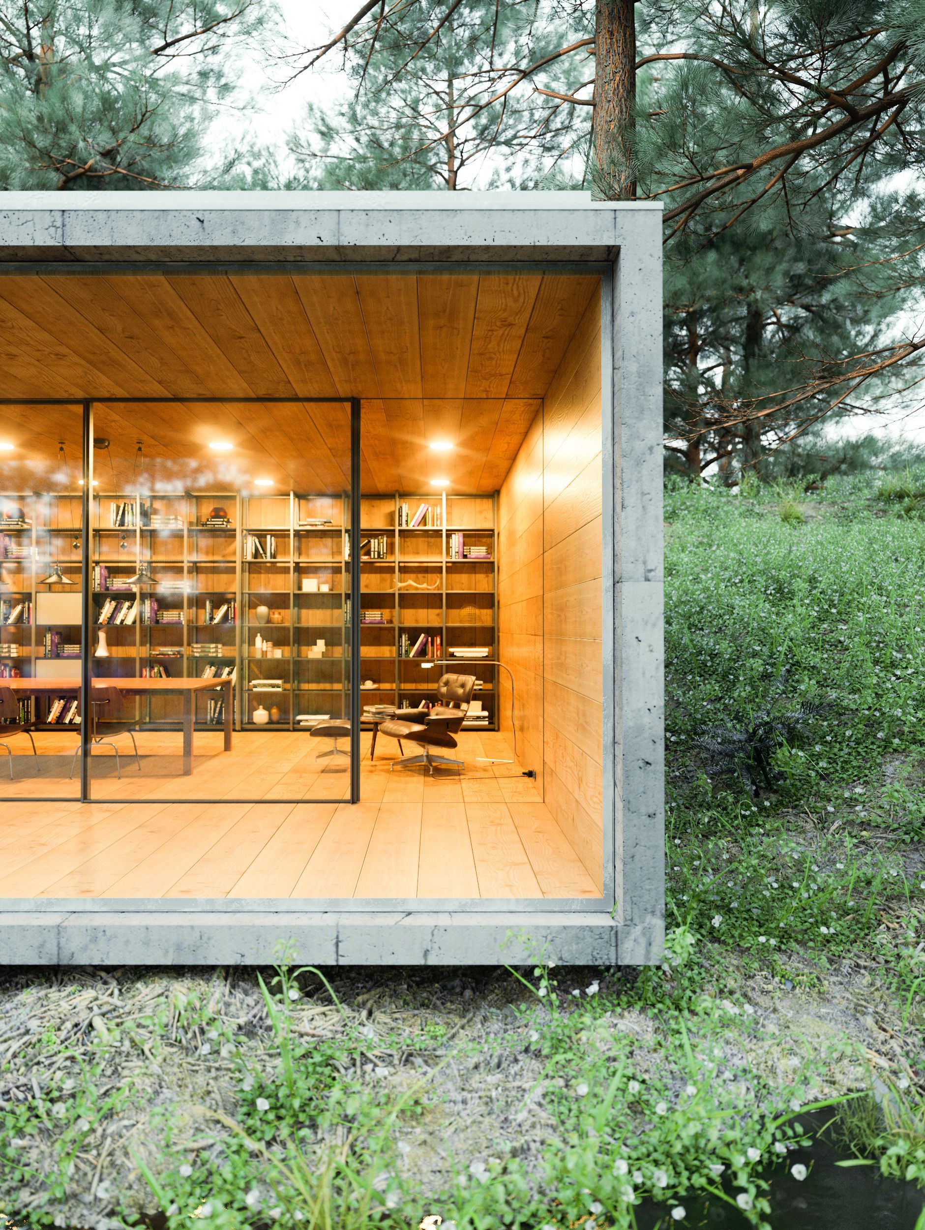 Escritório com design moderno, revestido a madeira e com janelas com caixilharia minimalista
