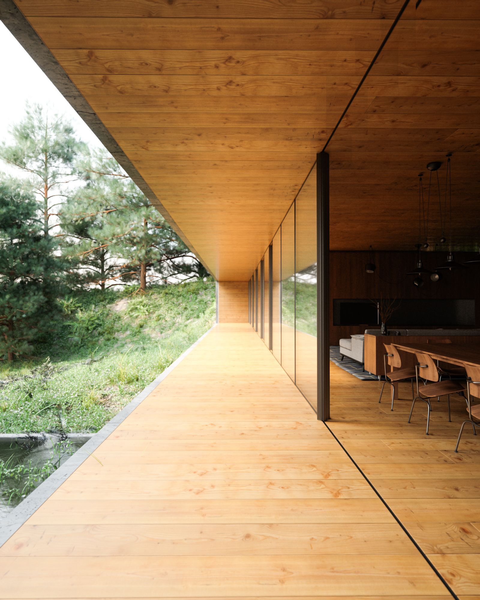 Escritório com design moderno, revestido a madeira e com janelas com caixilharia minimalista que permitem uma vista deslumbrante para o exterior