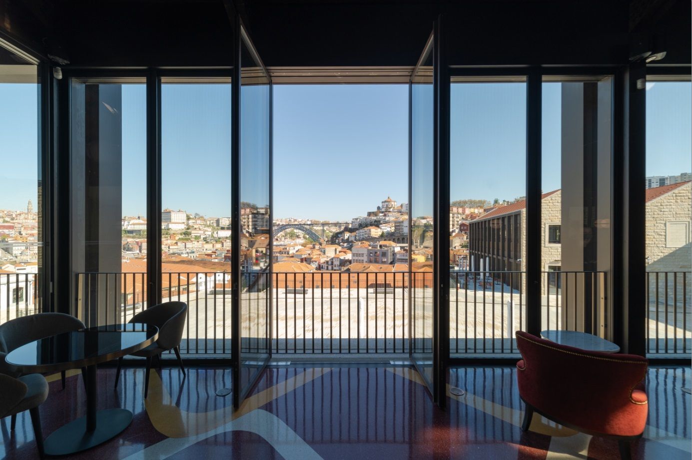 City view through modern minimalist window frame in a building