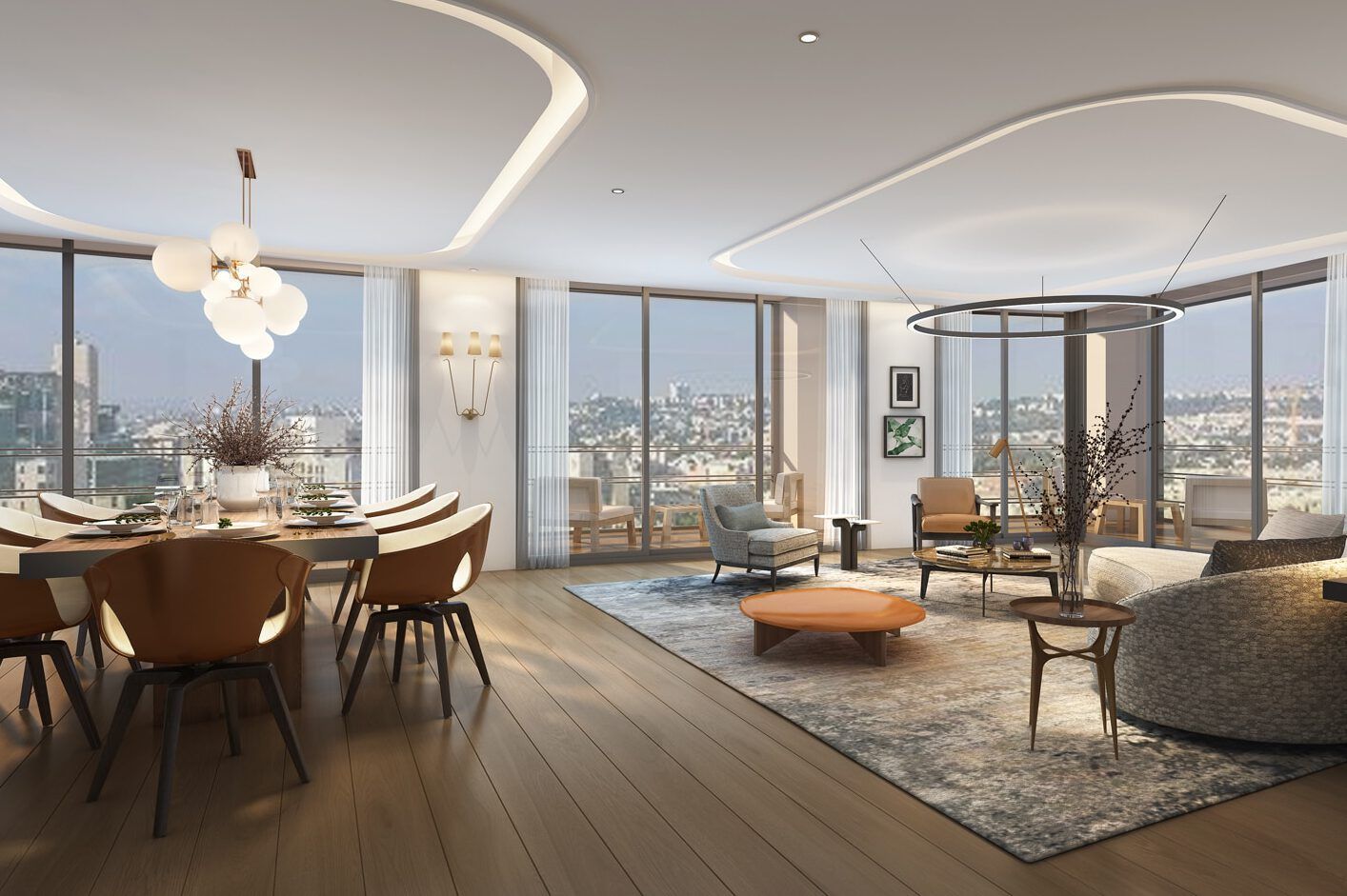 Panoramic view of Jerusalem cityscape seen through floor-to-ceiling windows in a modern hotel room.