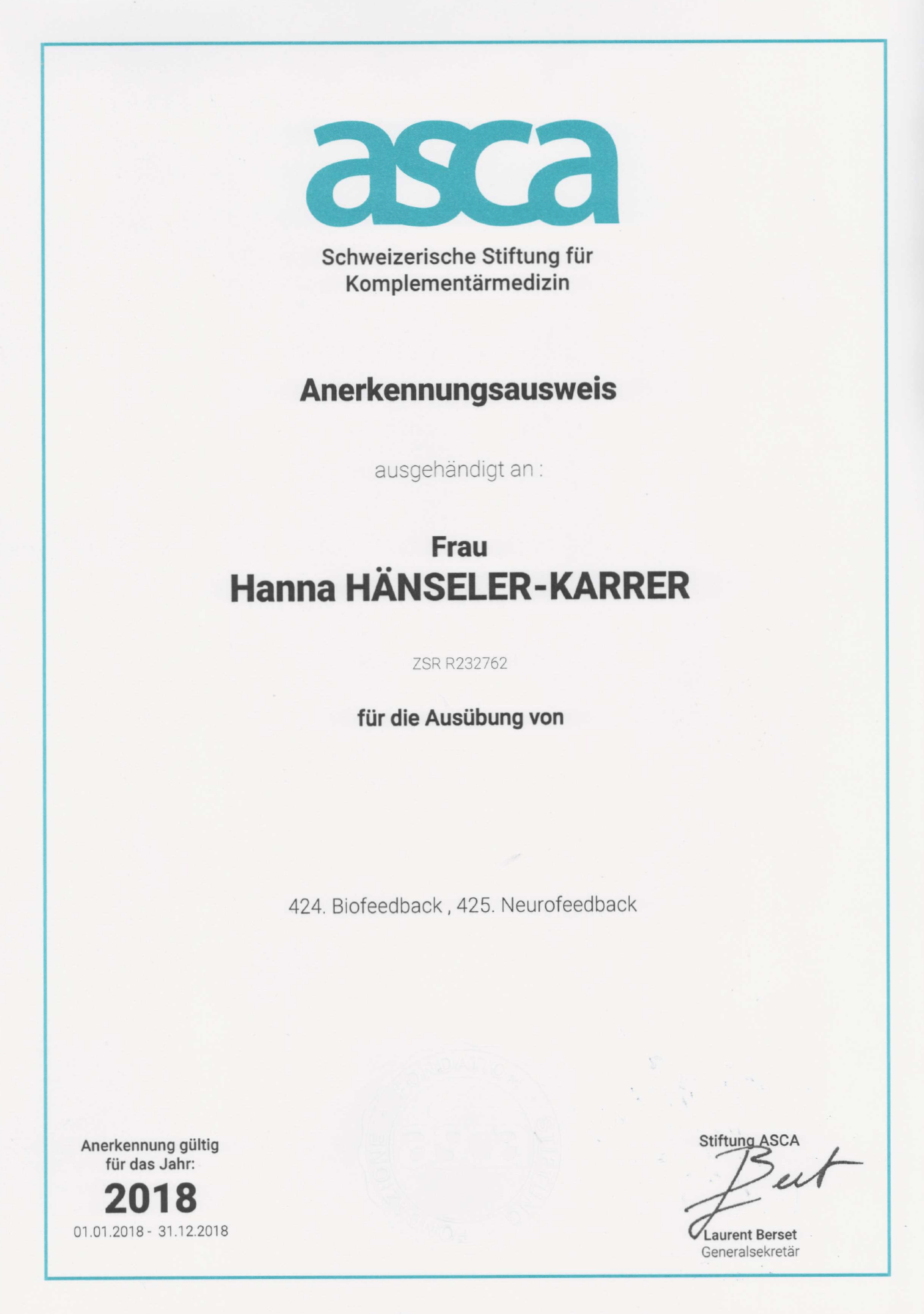 Die Praxis von Hanna Hänseler ist ASCA anerkannt.