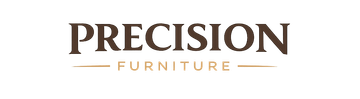 Precision Furniture logo in brown and gold text on a white background