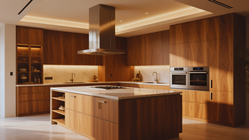 Modern wooden kitchen with a large island, warm lighting, and built-in appliances