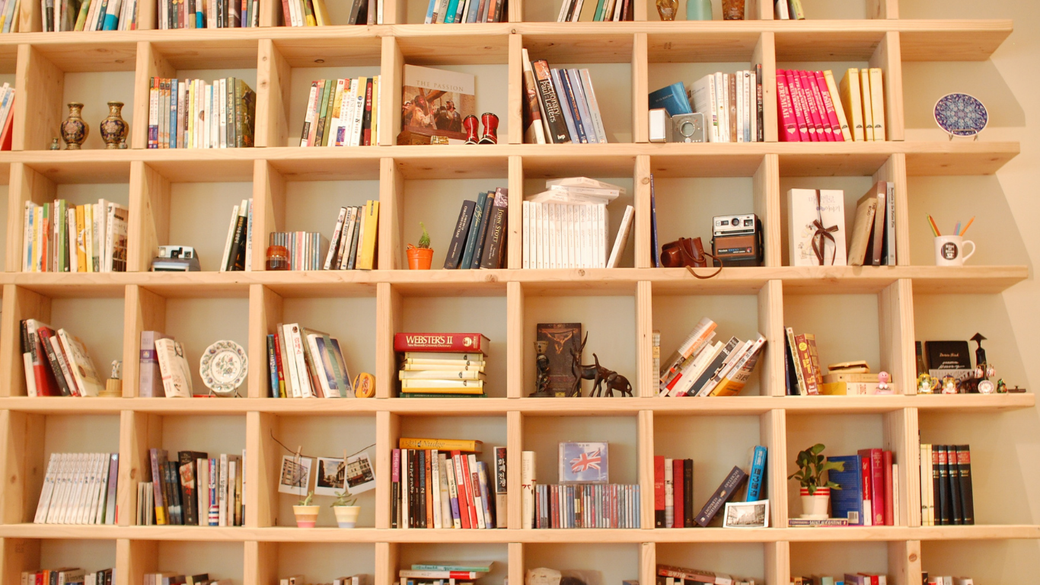Wooden shelves filled with books, plants, and decor in a warm indoor library display.