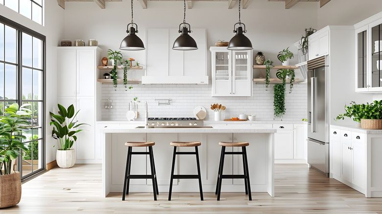 Modern open kitchen and dining area with wooden cabinetry, white countertops, and four chairs.