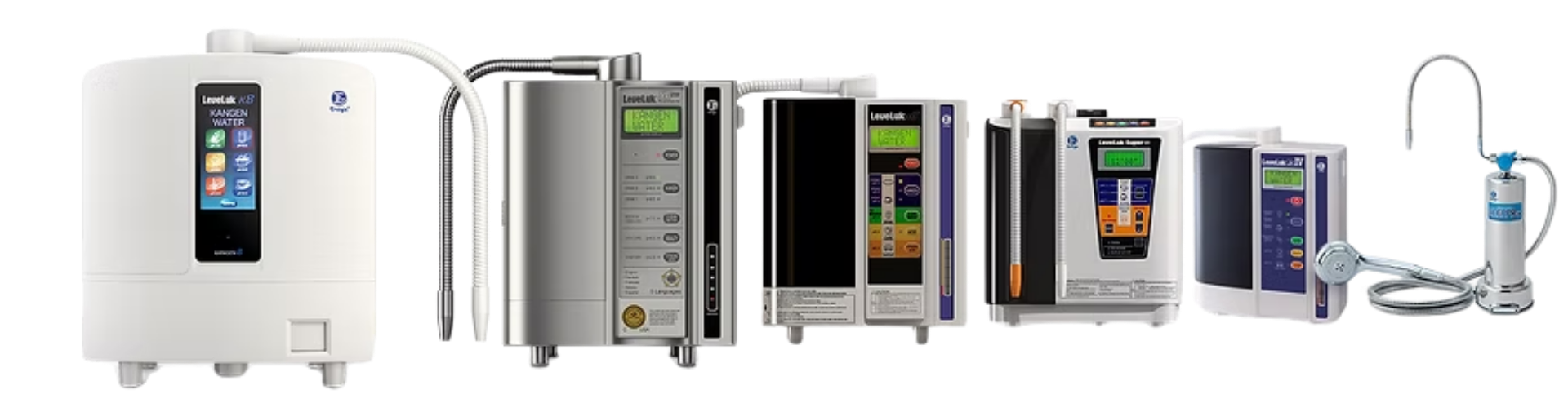 Various water ionizers in a row against a white background.