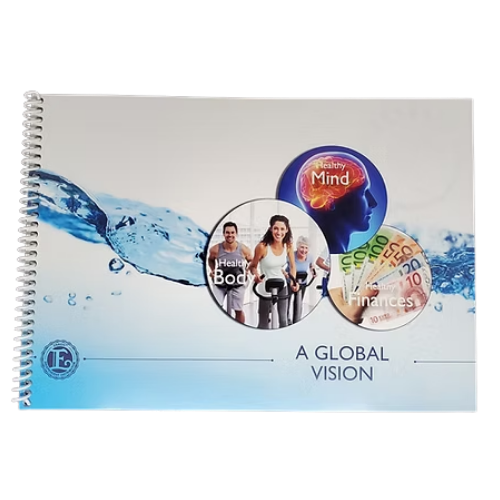 Spiral-bound book with illustrations of health, mind, and finances. 