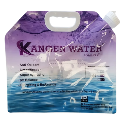 A clear water pouch labeled 