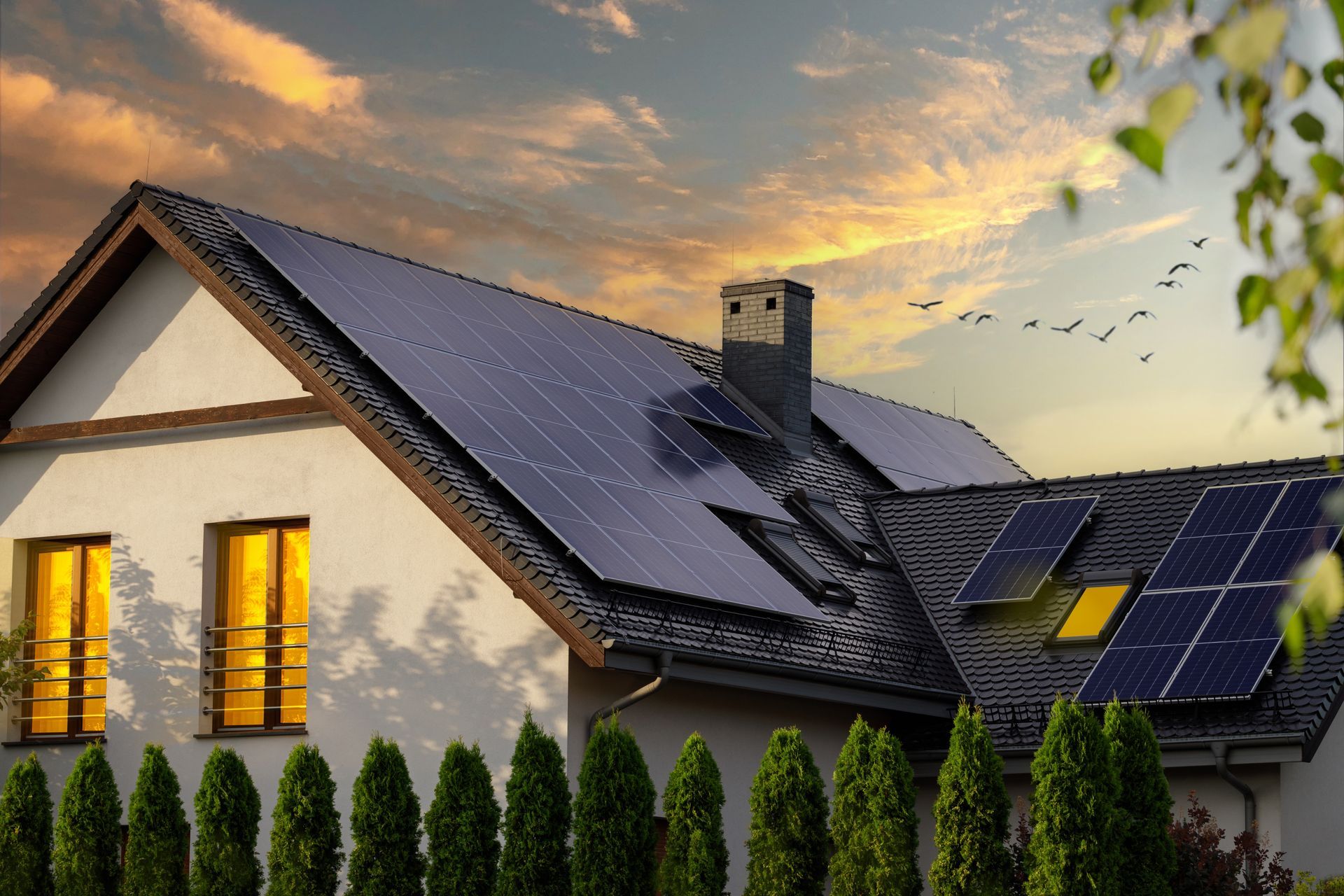 Solar panels on a house at sunset with warm glowing windows and a hedge in front