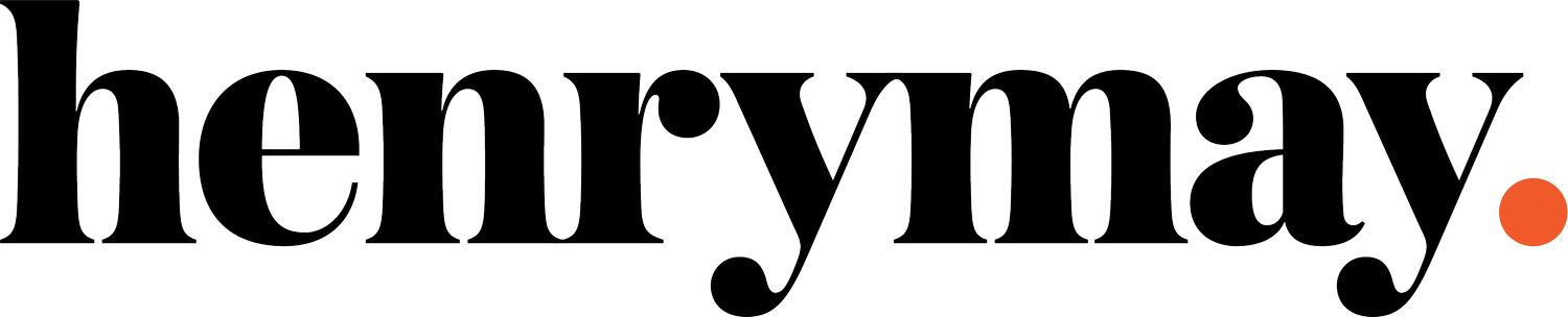 Black “henrymay.” logo on a white background with an orange dot