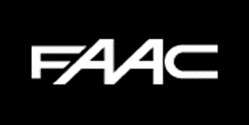 A white faac logo on a black background