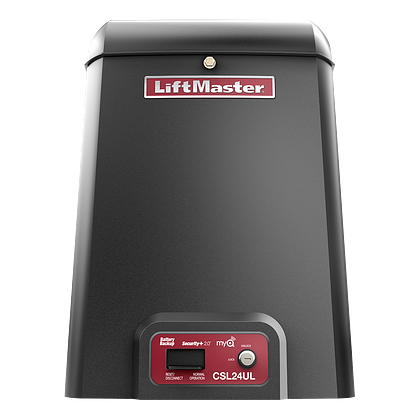 A black liftmaster garage door opener on a white background