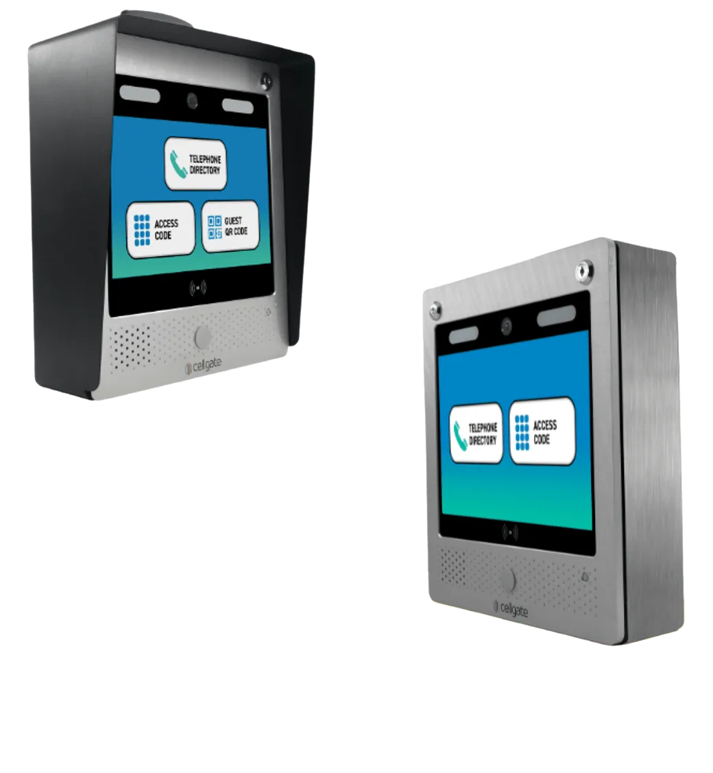 Two intercom systems, one with a hood, featuring touchscreens and call buttons.