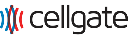 A cellgate logo with red , blue and white lines on a white background.