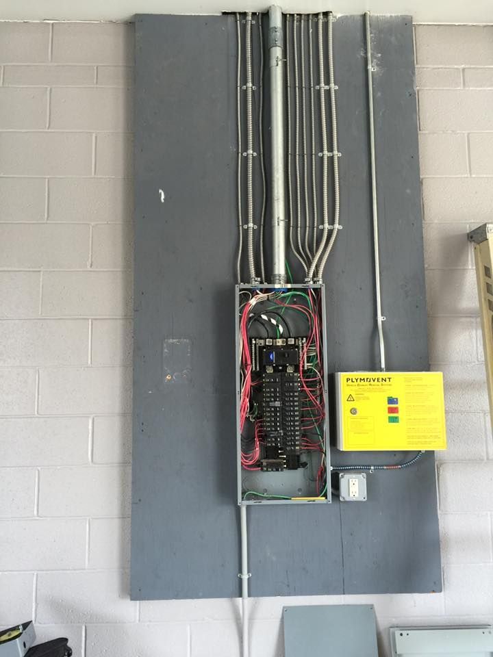 Electrical panel with conduits and wiring on a gray painted wall.