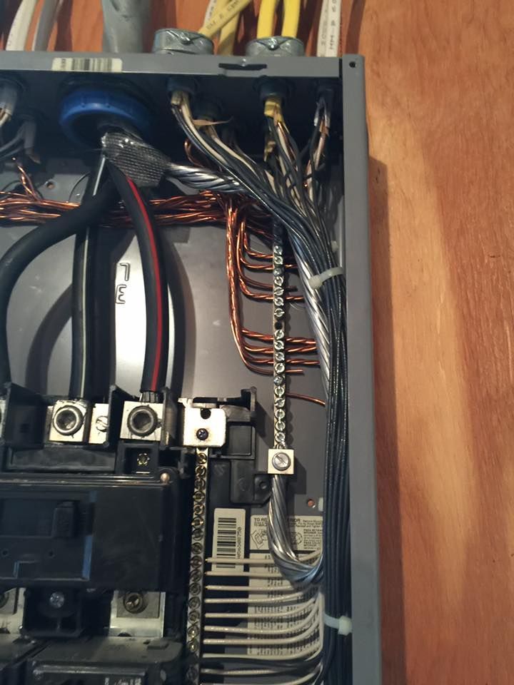 Electrical panel with wires, copper grounding, and circuit breakers.